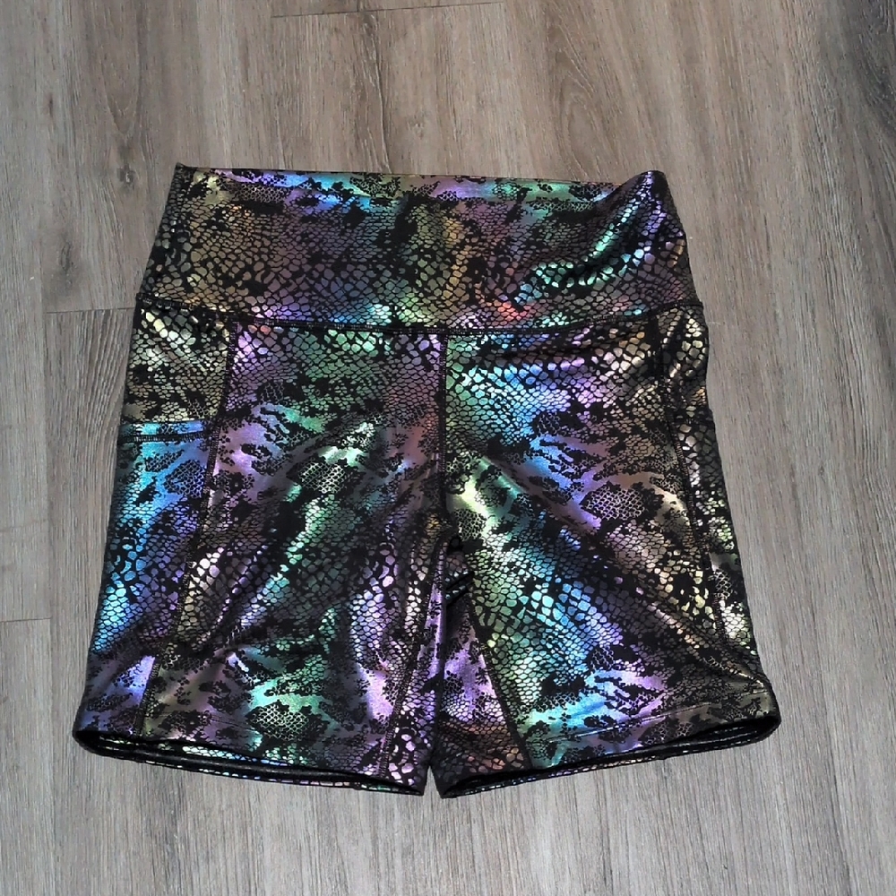 SOLD - CVG Bike Shorts Sz L Rainbow Gleam Snake Print Squats Approved - Picture 1 of 4